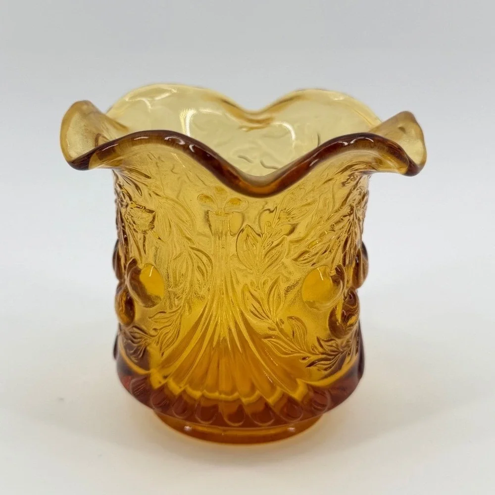 Amber Glass‎ Hobnail Bud Vase Ruffled Edge Embossed Floral